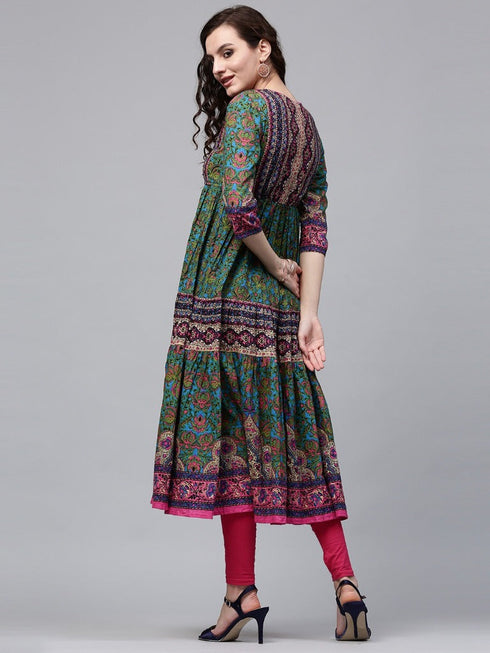 Women Green Printed Pure Cotton Anarkali Kurta